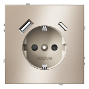 Розетка  VOLTUM S70,  с заземлением и защитными шторками, 16А, с USB, A+С, платина (металл)