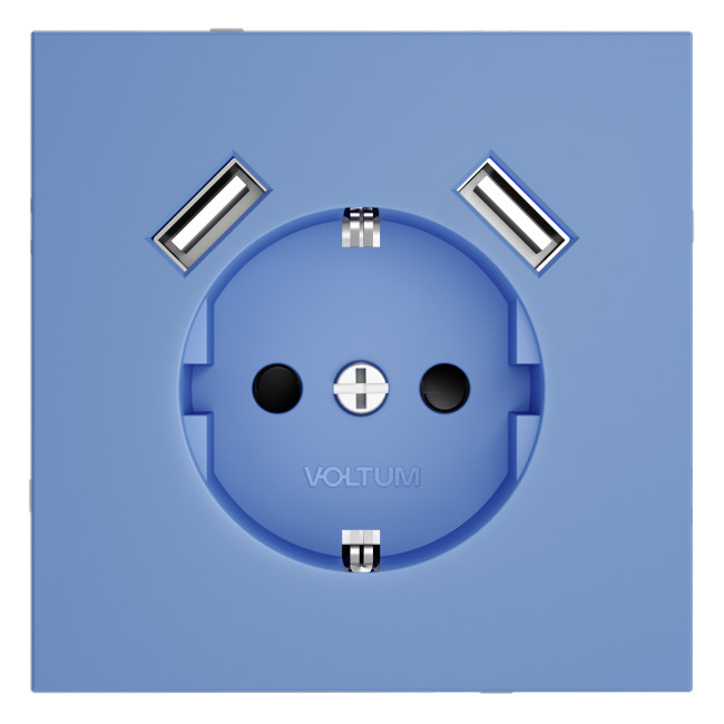 Розетка  VOLTUM S70,  с заземлением и защитными шторками, 16А, с USB, A+A, деним
