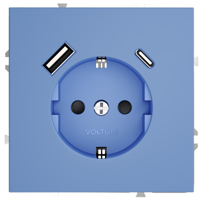 Розетка VOLTUM S70, с заземлением и защитными шторками, 16А, с USB, A+С, деним Розетка VOLTUM S70, с заземлением и защитными шторками, 16А, с USB, A+С, деним
