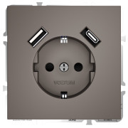 Розетка  VOLTUM S70,  с заземлением и защитными шторками, 16А, с USB, A+A, капучино