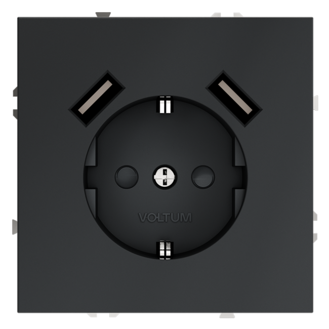 Розетка  VOLTUM S70,  с заземлением и защитными шторками, 16А, с USB, A+A, графит, VLS040407