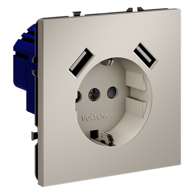 Розетка VOLTUM S70, с заземлением и защитными шторками, 16А, с USB, A+A, кашемир, VLS040403 Розетка VOLTUM S70, с заземлением и защитными шторками, 16А, с USB, A+A, кашемир, VLS040403