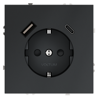 Розетка  VOLTUM S70,  с заземлением и защитными шторками, 16А, с USB, A+С, графит, VLS040507