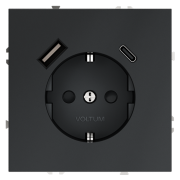 Розетка  VOLTUM S70,  с заземлением и защитными шторками, 16А, с USB, A+С, графит, VLS040507