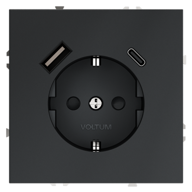 Розетка VOLTUM S70, с заземлением и защитными шторками, 16А, с USB, A+С, графит, VLS040507 Розетка VOLTUM S70, с заземлением и защитными шторками, 16А, с USB, A+С, графит, VLS040507