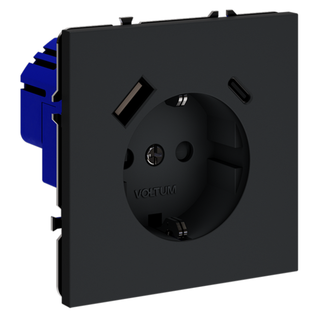 Розетка VOLTUM S70, с заземлением и защитными шторками, 16А, с USB, A+С, графит, VLS040507 Розетка VOLTUM S70, с заземлением и защитными шторками, 16А, с USB, A+С, графит, VLS040507