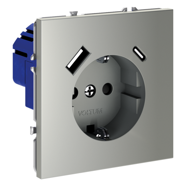 Розетка  VOLTUM S70,  с заземлением и защитными шторками, 16А, с USB, A+С, сталь, VLS040505