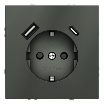 Розетка  VOLTUM S70,  с заземлением и защитными шторками, 16А, с USB, A+С, титан, VLS040506