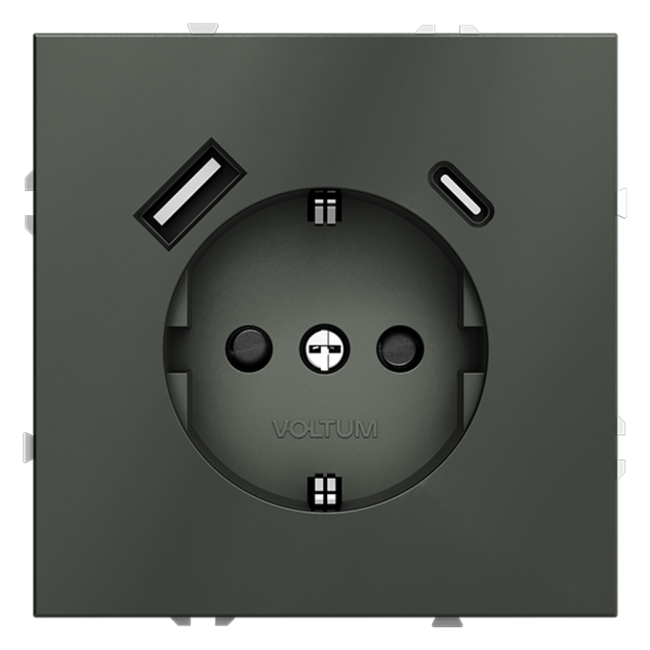 Розетка  VOLTUM S70,  с заземлением и защитными шторками, 16А, с USB, A+С, титан, VLS040506