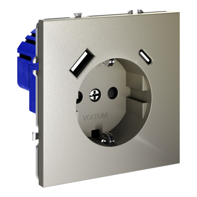 Розетка  VOLTUM S70,  с заземлением и защитными шторками, 16А, с USB, A+С, шелк, VLS040504