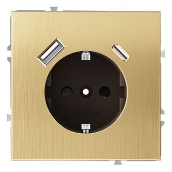 Розетка  VOLTUM S70,  с заземлением и защитными шторками, 16А, с USB, A+С, латунь (металл)