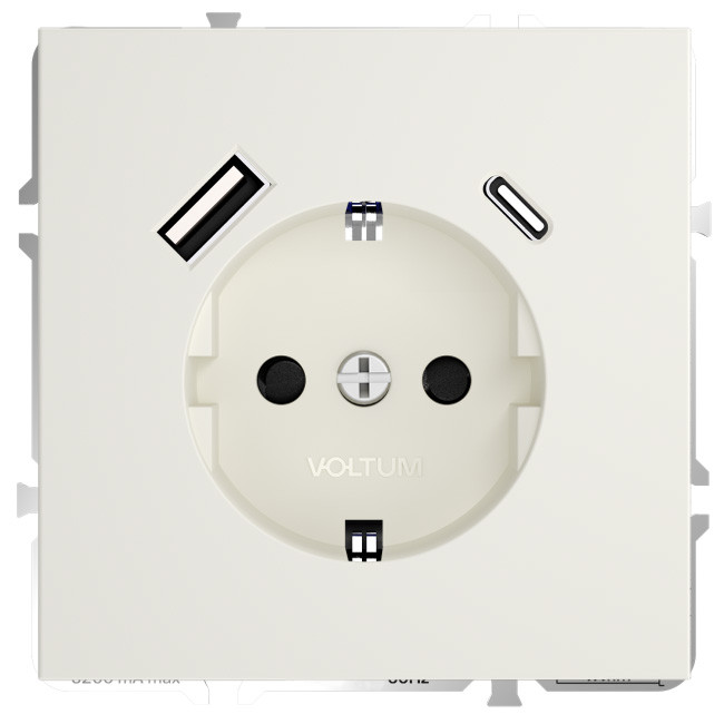 Розетка  VOLTUM S70,  с заземлением и защитными шторками, 16А, с USB, A+С, хлопок