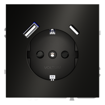 Розетка  VOLTUM S70,  с заземлением и защитными шторками, 16А, с USB, A+С, антрацит (металл)