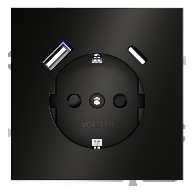 Розетка  VOLTUM S70,  с заземлением и защитными шторками, 16А, с USB, A+С, антрацит (металл)