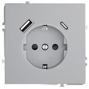 Розетка  VOLTUM S70,  с заземлением и защитными шторками, 16А, с USB, A+С, серый