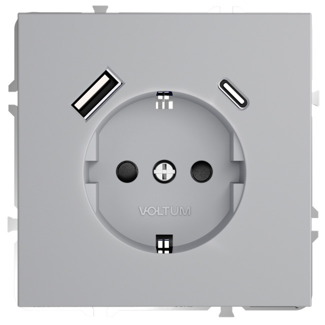 Розетка  VOLTUM S70,  с заземлением и защитными шторками, 16А, с USB, A+С, серый